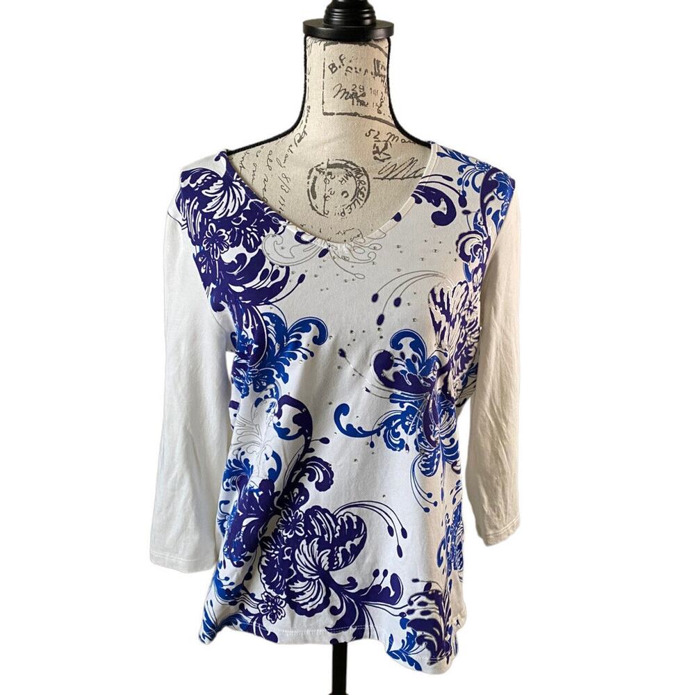 Chico's Weekends Blue Purple Paisley Bling Top – White V-Neck Long Sleeve M